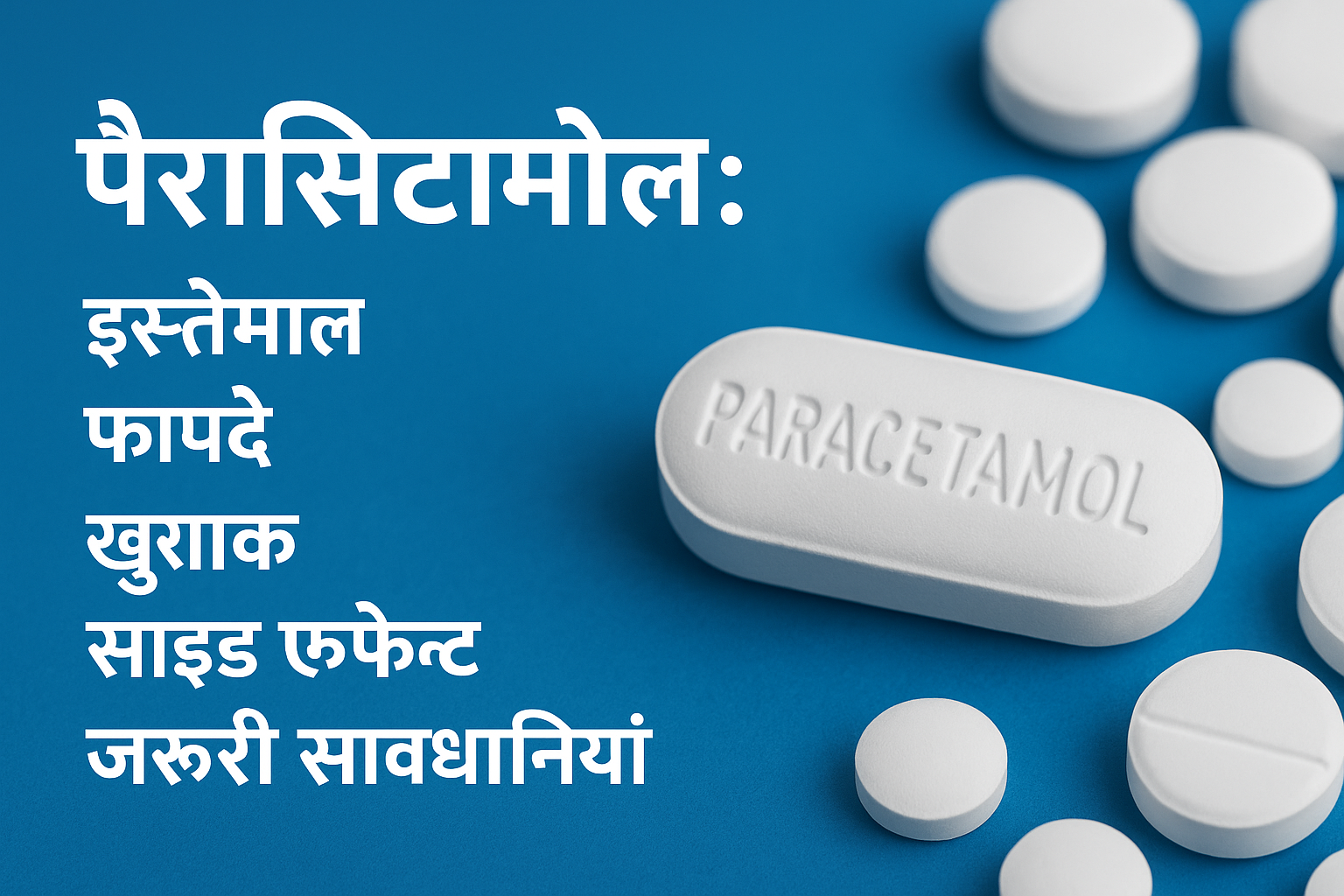 पैरासिटामोल की जानकारी दर्शाने वाली 2D डिजिटल ग्राफिक डिजाइन, जिसमें इसके उपयोग, खुराक और सावधानियों की जानकारी शामिल है।