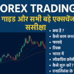 Forex Trading हिंदी गाइड और सभी बड़े एक्सचेंज की समीक्षा – नीले बैकग्राउंड पर कैंडलस्टिक चार्ट, हेडिंग और पॉइंट्स जैसे क्या है, कैसे काम करता है, फायदे, रिस्क, भारत में, करेंसी पेयर्स, शुरुआत कैसे करें और एनालिसिस के प्रकार।