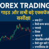 Forex Trading हिंदी गाइड और सभी बड़े एक्सचेंज की समीक्षा – नीले बैकग्राउंड पर कैंडलस्टिक चार्ट, हेडिंग और पॉइंट्स जैसे क्या है, कैसे काम करता है, फायदे, रिस्क, भारत में, करेंसी पेयर्स, शुरुआत कैसे करें और एनालिसिस के प्रकार।